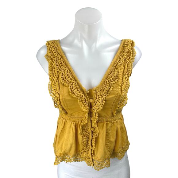 Abercrombie & Fitch Yellow Sleeveless Crochet Peplum Crop Blouse Tank Top Sz XS - Picture 1 of 4